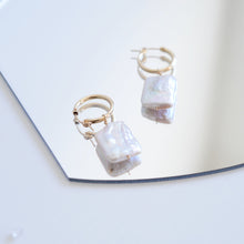 Load image into Gallery viewer, HE009 Rectangle Pearl Drop Hoop Earrings