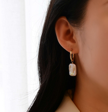 Load image into Gallery viewer, HE009 Rectangle Pearl Drop Hoop Earrings
