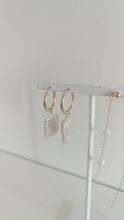 Load and play video in Gallery viewer, HE009 Rectangle Pearl Drop Hoop Earrings
